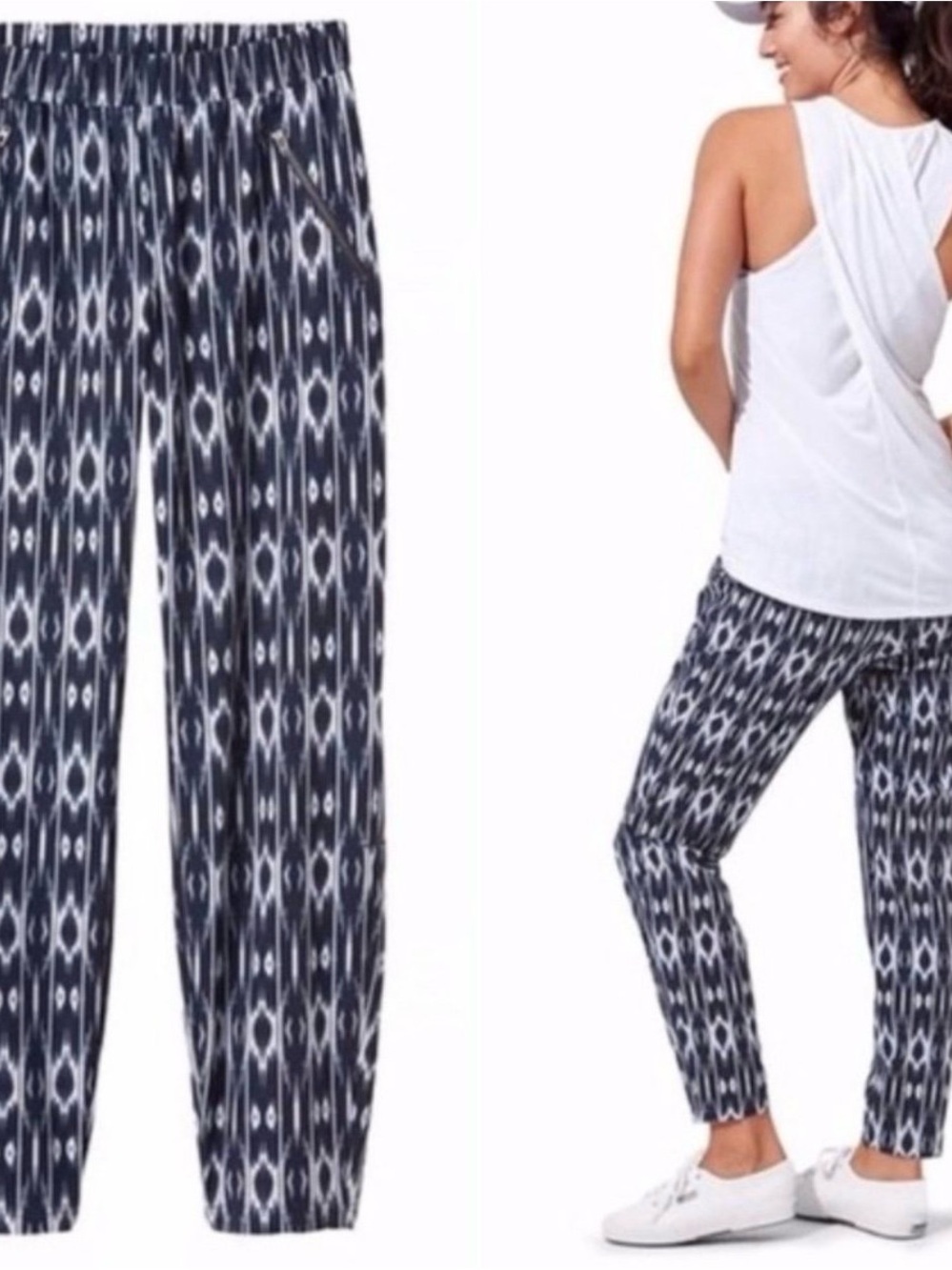 Athleta Reflections Aspire women’s navy & white print geo design pants Medium
